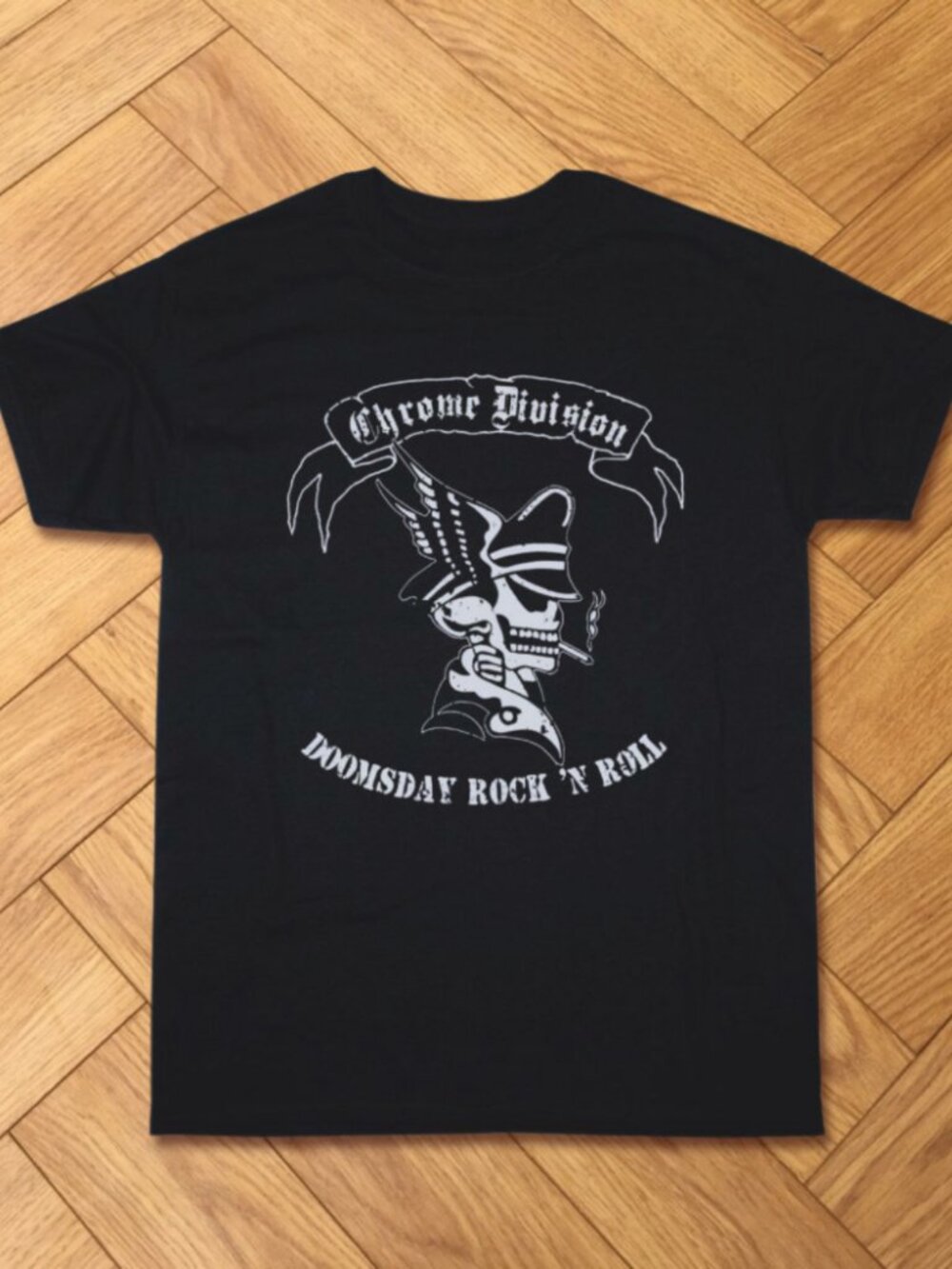 Chrome Division Doomsday Rock N Roll Minimalist Skull Graphic Black Tee